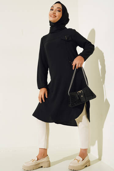 Yan Tek Cepli Ayrobin Tunik Siyah - Tunik