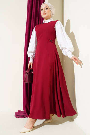 Yan Toka Detaylı Jile Bordo - Elbise