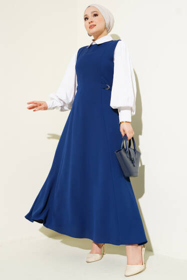 Yan Toka Detaylı Jile Lacivert - Elbise