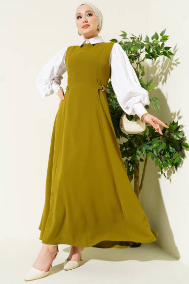 Yan Toka Detaylı Jile Yağ Yeşili - Elbise