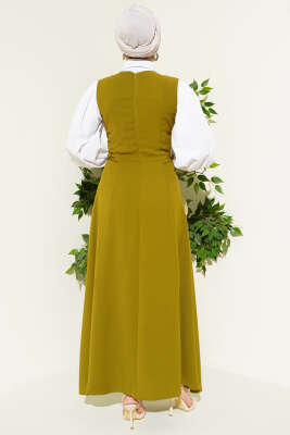 Yan Toka Detaylı Jile Yağ Yeşili - Elbise