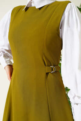 Yan Toka Detaylı Jile Yağ Yeşili - Elbise