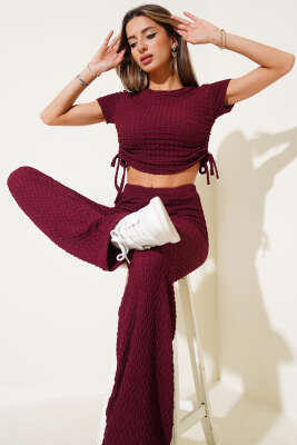 Yan Tünelli Crop Gofre İkili Takım Bordo 