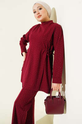 Yan Tünelli Taş Süslemeli İkili Takım Bordo - İkili Takım