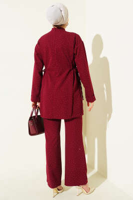 Yan Tünelli Taş Süslemeli İkili Takım Bordo - İkili Takım