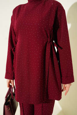 Yan Tünelli Taş Süslemeli İkili Takım Bordo - İkili Takım