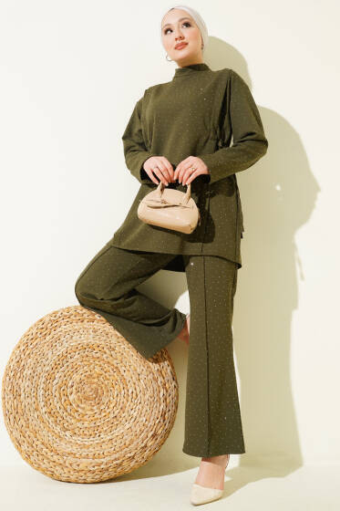 Yan Tünelli Taş Süslemeli İkili Takım Haki - İkili Takım