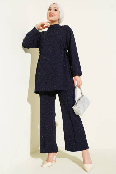 Yan Tünelli Taş Süslemeli İkili Takım Lacivert - İkili Takım