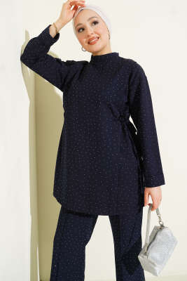 Yan Tünelli Taş Süslemeli İkili Takım Lacivert - İkili Takım