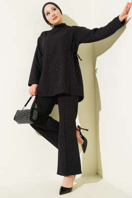 Yan Tünelli Taş Süslemeli İkili Takım Siyah - DENİZ LIFE