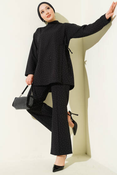 Yan Tünelli Taş Süslemeli İkili Takım Siyah - İkili Takım