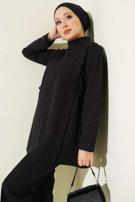 Yan Tünelli Taş Süslemeli İkili Takım Siyah - İkili Takım