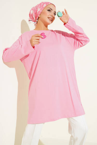 Yan Yırtmaç Detaylı Basic Tunik Pembe - Tunik