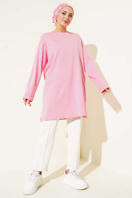 Yan Yırtmaç Detaylı Basic Tunik Pembe - Tunik