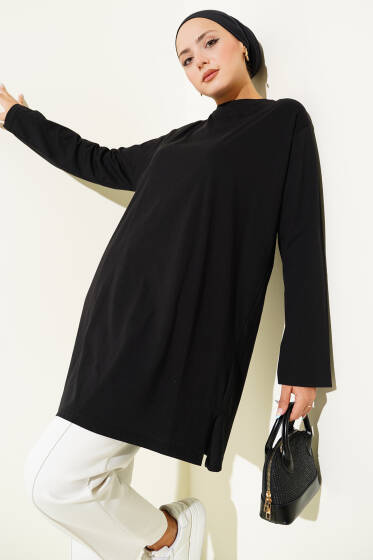 Yan Yırtmaç Detaylı Basic Tunik Siyah - Tunik