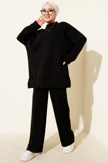 Yan Yırtmaç Detaylı Loyşa İkili Takım Siyah - İkili Takım