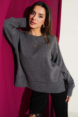 Yan Yırtmaç Detaylı Triko Kazak Füme - Kadın Giyim Modelleri