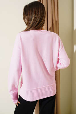 Yan Yırtmaç Detaylı Triko Kazak Pembe - Kadın Giyim Modelleri