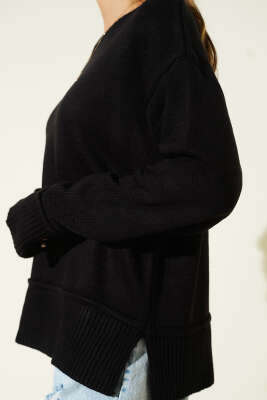 Yan Yırtmaç Detaylı Triko Kazak Siyah - Kadın Giyim Modelleri