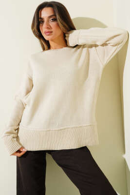 Yan Yırtmaç Detaylı Triko Kazak Taş - LUSTRİN