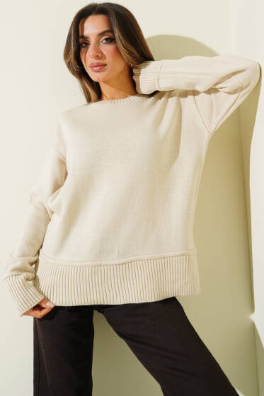 Yan Yırtmaç Detaylı Triko Kazak Taş - Kadın Giyim Modelleri