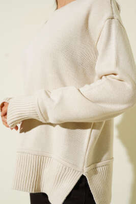 Yan Yırtmaç Detaylı Triko Kazak Taş - Kadın Giyim Modelleri