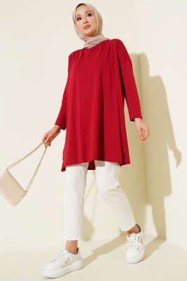 Yan Yırtmaçlı Basic Tunik Bordo - Yılın Fırsatı