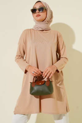 Yan Yırtmaçlı Basic Tunik Camel - ELFİDA TEKSTİL