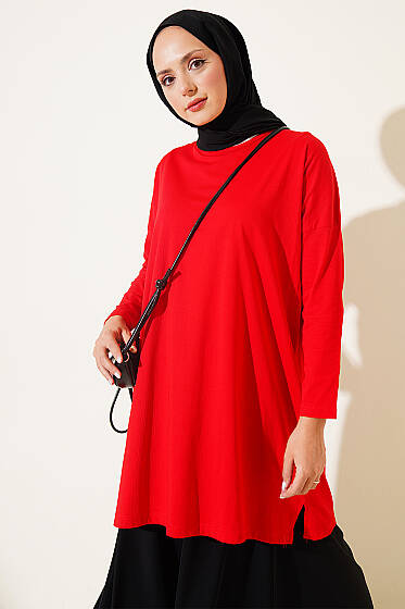 Yan Yırtmaçlı Basic Tunik Kırmızı - Tunik