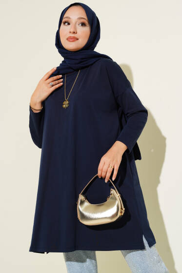Yan Yırtmaçlı Basic Tunik Lacivert - Tunik