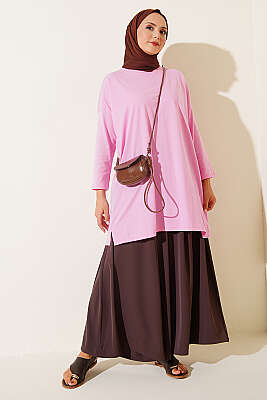 Yan Yırtmaçlı Basic Tunik Pembe - Tunik