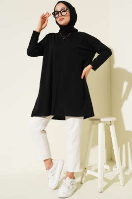 Yan Yırtmaçlı Basic Tunik Siyah - Tunik