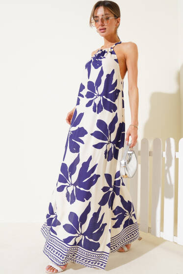 Yan Yırtmaçlı Desenli Elbise Lacivert - Kadın Giyim Modelleri