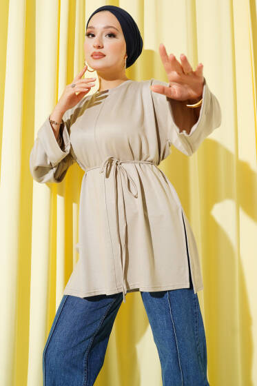 Yan Yırtmaçlı Duble Kol Tunik Bej - Tunik