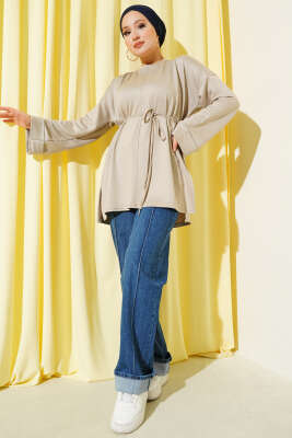 Yan Yırtmaçlı Duble Kol Tunik Bej - Yılın Fırsatı