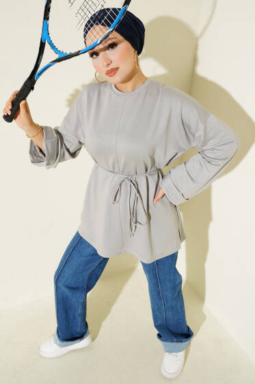 Yan Yırtmaçlı Duble Kol Tunik Gri - Tunik