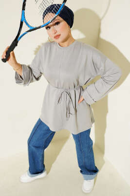 Yan Yırtmaçlı Duble Kol Tunik Gri