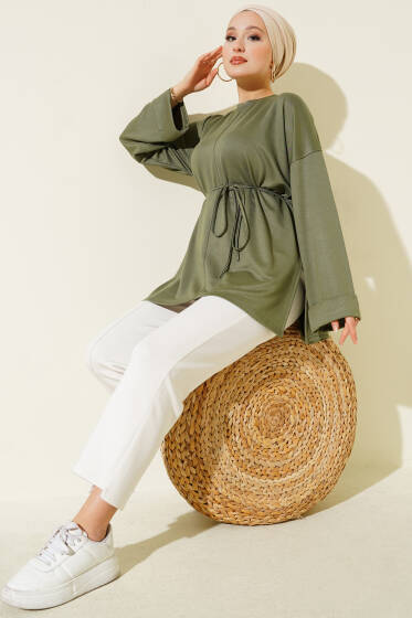 Yan Yırtmaçlı Duble Kol Tunik Haki - Tunik