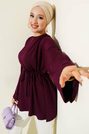 Yan Yırtmaçlı Duble Kol Tunik Mürdüm - Tunik