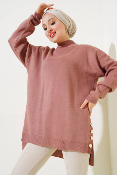 Yan Yırtmaçlı Düğmeli Triko Tunik Gül Kurusu - Tunik