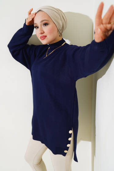 Yan Yırtmaçlı Düğmeli Triko Tunik Lacivert - Tunik