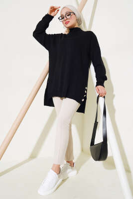 Yan Yırtmaçlı Düğmeli Triko Tunik Siyah - Triko Tunik