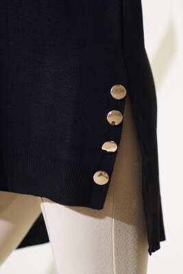 Yan Yırtmaçlı Düğmeli Triko Tunik Siyah - Triko Tunik