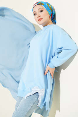 Yan Yırtmaçlı Kurdele Nakış Detaylı Tunik Bebe Mavi - TEGOE