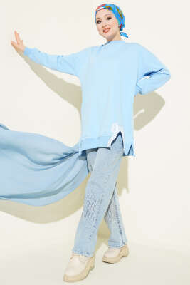 Yan Yırtmaçlı Kurdele Nakış Detaylı Tunik Bebe Mavi - Tunik