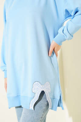 Yan Yırtmaçlı Kurdele Nakış Detaylı Tunik Bebe Mavi - Tunik
