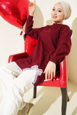 Yan Yırtmaçlı Kurdele Nakış Detaylı Tunik Bordo - TEGOE