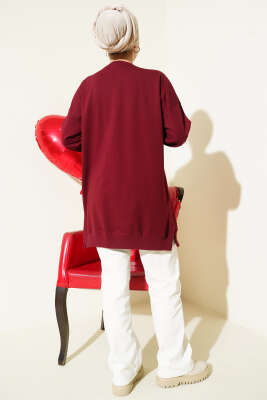 Yan Yırtmaçlı Kurdele Nakış Detaylı Tunik Bordo - Tunik