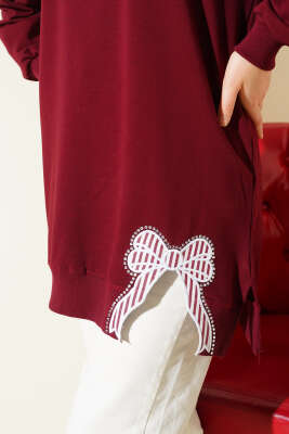 Yan Yırtmaçlı Kurdele Nakış Detaylı Tunik Bordo - Tunik