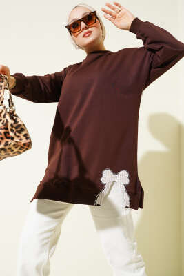 Yan Yırtmaçlı Kurdele Nakış Detaylı Tunik Kahve - TEGOE